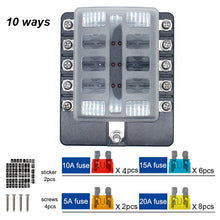 Load image into Gallery viewer, 10 Ways Fuse Box Car Fuse Blade Replacement Bolt Terminal LED Indicator Light Block Fuse With LED Warning Light