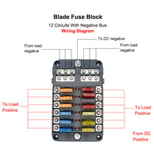 Load image into Gallery viewer, 12-Way Blade Fuse Block 12 Volt Fuse Box 12 Circuits with Negative Bus bolt Terminal Block with LED Indicator