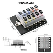Load image into Gallery viewer, 12V 24V 10 Way Car Boat Marine Trike Blade Fuse Box Holder with LED Warning Light