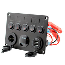 Load image into Gallery viewer, 2 USB Socket Charger 4.2A red LED Voltmeter 12-24V Power Outlet 5 Gang ON-OFF car Toggle Switch Multi Functions Panel (FUSED)