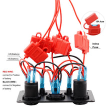 Load image into Gallery viewer, 2 USB Socket Charger 4.2A red LED Voltmeter 12-24V Power Outlet 5 Gang ON-OFF car Toggle Switch Multi Functions Panel (FUSED)
