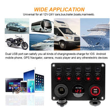 Load image into Gallery viewer, 2 USB Socket Charger 4.2A red LED Voltmeter 12-24V Power Outlet 5 Gang ON-OFF car Toggle Switch Multi Functions Panel (FUSED)