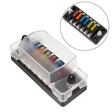 Load image into Gallery viewer, 6-Way Automotive Fuse Box Holder 6 Circuit Fuse Holder, 24 Pieces 5A 10A 15A 20A Fuses, 16 Pieces Wire Lugs Rings U Shaped Terminal