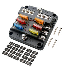 Load image into Gallery viewer, 6-Way auto Car Fuse Holder Box Blade Fuse Block Screw Nut Terminal W/Negative Bus Free Fuses LED Indicator