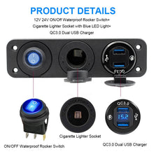 Load image into Gallery viewer, Aluminum QC 3.0 Dual USB Ports with LED Voltmeter 12V Power Socket Outlet for Car Boat Marine RV Switch Panel
