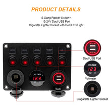 Load image into Gallery viewer, DC 12-24V Waterproof 5 Gang Rocker Switch Panel Dual USB Slot Socket 5V 4.2A Cigarette Lighter Voltmeter for Marine Boat Car Rv