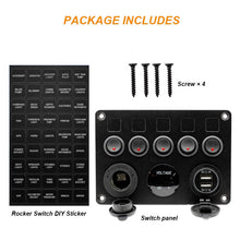 Load image into Gallery viewer, Dual USB Charger Digital Volmeterwith Circuit Breakers for RV Car Boat 12V Outlet Pre-Wired 5 Gang Rocker Switch Panel