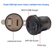 Load image into Gallery viewer, Power Outlet with Switch for Car Marine Boat Dual USB Charger Socket Waterproof 12V/24V QC3.0 Dual USB Fast Charger Socket