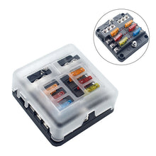 Load image into Gallery viewer, Waterpoof Cover 6 Way Fuse Block with ATC/ATO Blade Fuses Negative Bus 12V Car Fuse Box Holder