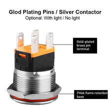 Load image into Gallery viewer, power button LED light Waterproof Flat circular button 3v 6v 12v 24v 110v 220v ip67 22mm metal push button switch