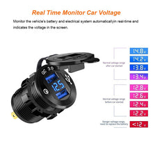 Load image into Gallery viewer, 12V 24V Power Outlet with LED Voltmeter Car Boat Marine Quick Charge 3.0 Dual USB Car Charger Fast Charge Socket
