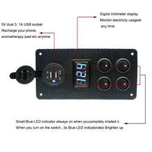 Load image into Gallery viewer, 4 Gang Rocker Dual USB Charger + Digital Volmeter +12V Outlet Pre-Wired
