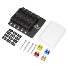 Load image into Gallery viewer, Car Fuse Box 10 Way Blade Fuse Box Holder with LED Warning Light Kit for Car Boat Marine Trike 12V 24V
