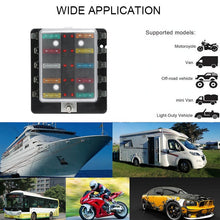 Load image into Gallery viewer, Car Fuse Box 10 Way Blade Fuse Box Holder with LED Warning Light Kit for Car Boat Marine Trike 12V 24V
