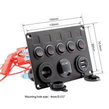 Load image into Gallery viewer, DC 12-24V Waterproof 5 Gang Rocker Switch Panel Dual USB Slot Socket 5V 4.2A Cigarette Lighter Voltmeter for Marine Boat Car Rv
