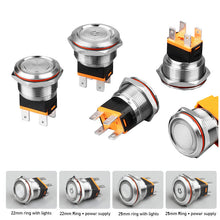 Load image into Gallery viewer, Ring Lamp Power Symbol Buttons Waterproof LED Light Self-lock Self-reset 1NO1NC 22mm Metal Push Button Switch
