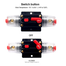 Load image into Gallery viewer, Self-recovery circuit breaker Inline 50A 100A Circuit Breaker Manual Reset Fuses 12V-24V DC for Solar system
