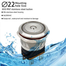 Load image into Gallery viewer, power button LED light Waterproof Flat circular button 3v 6v 12v 24v 110v 220v ip67 22mm metal push button switch
